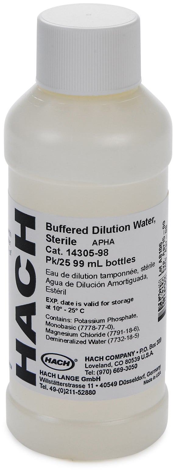 Agua de dilución tamponada, 99 mL, paquete de 25 unidades