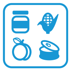 Icono de productos incluyendo frutas, vegetales, granos, mariscos y saborizantes  